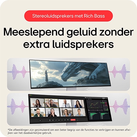 LG UltraWide Monitor 49U950A, met krachtige stereoluidsprekers met Rich Bass voor meeslepend geluid zonder externe apparatuur.