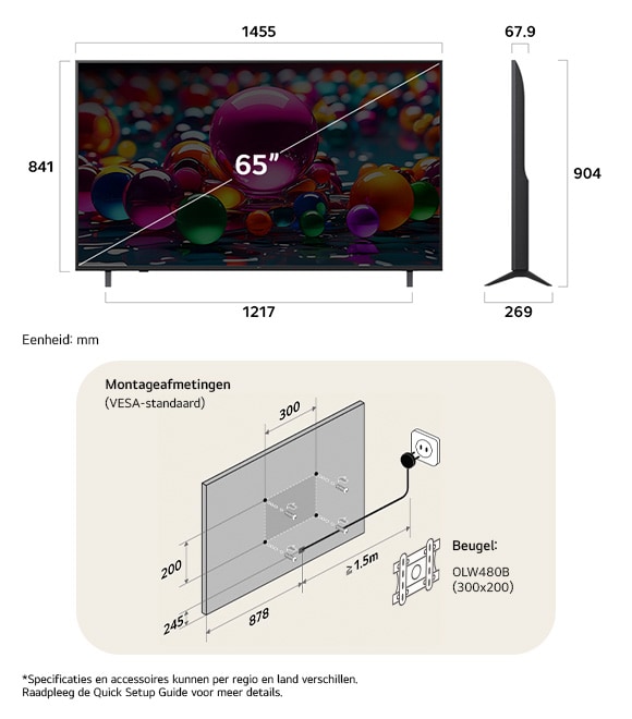 Afmetingsweergave van LG UHD AI 4K UA75 65-inch, 1455×904×269 mm, panel 67.9 mm, VESA 300x200.