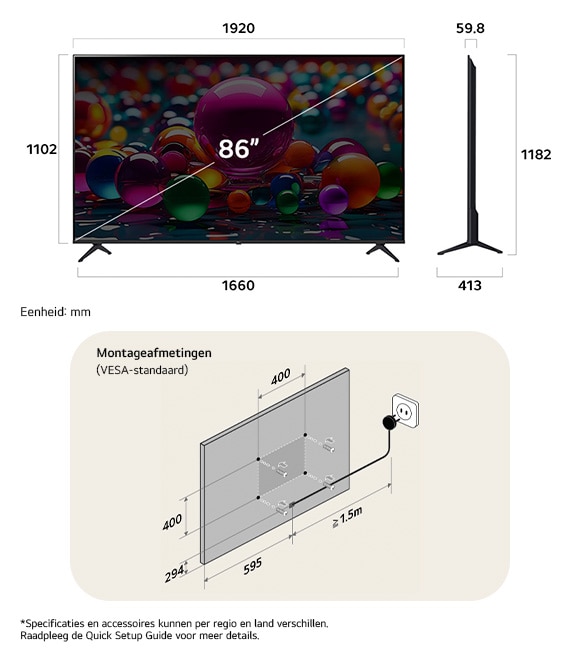 Afmetingsweergave van LG UHD AI 4K UA75 86-inch, 1920×1182×413 mm, panel 59.8 mm, VESA 400x400.