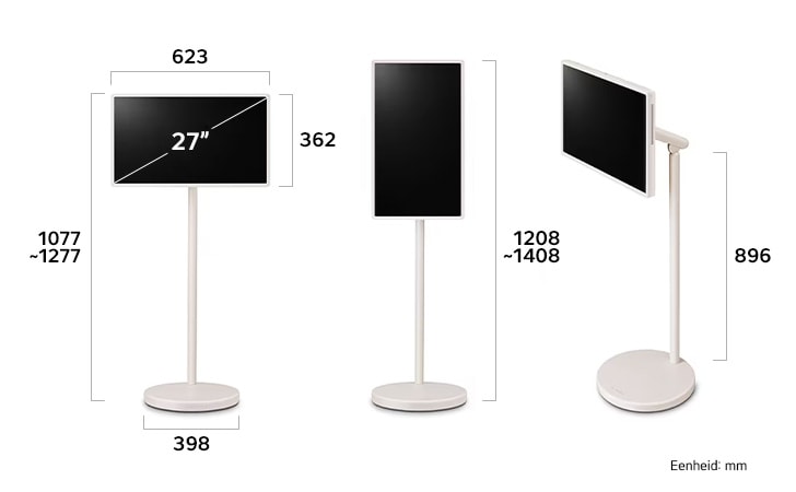LG StanbyME 2 Super Draagbare Touch 27": 623×362×398mm voet, 1077-1277mm hoogte, staand/liggend modes