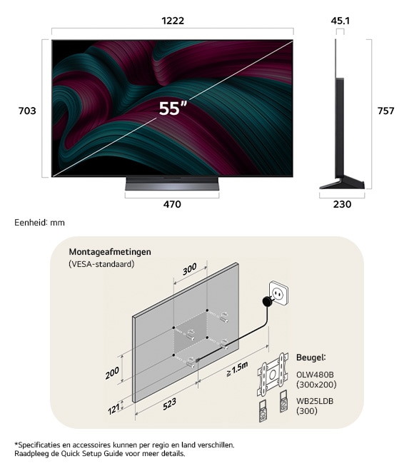 Afmetingsweergave van LG OLED evo AI C5 4K 55-inch, 1222×757×230 mm, panel 45.1 mm, VESA 300x200.