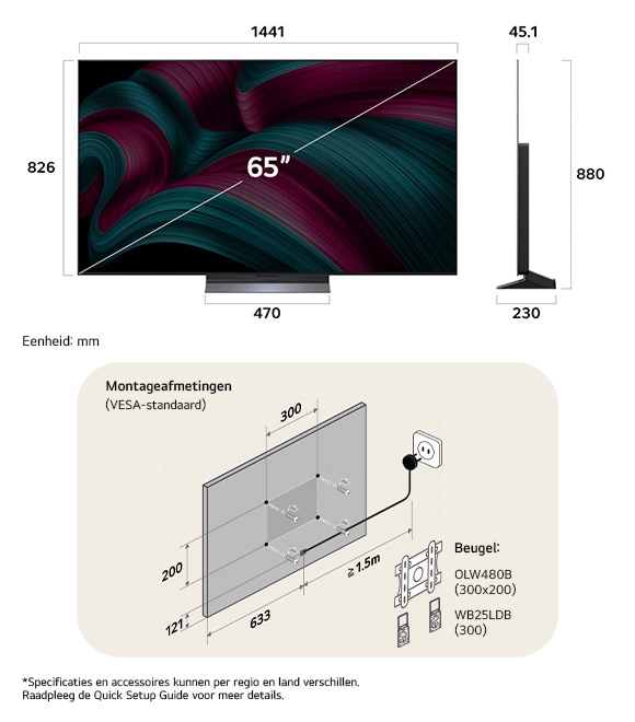 Afmetingsweergave van LG OLED evo AI C5 4K 65-inch, 1441×880×230 mm, panel 45.1 mm, VESA 300x200.