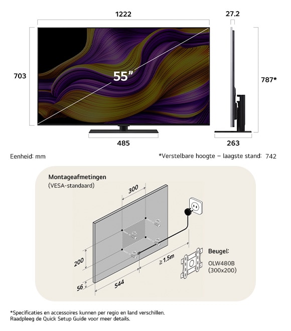 Afmetingsweergave van LG OLED evo AI G5 4K 55-inch, 1222×787×263 mm, panel 27.2 mm, VESA 300x200, lowest position 742 mm.
