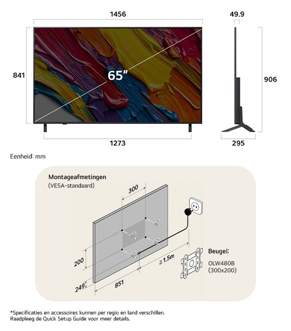 Afmetingsweergave van LG QNED MiniLED AI QNED82 4K 65-inch, 1456×906×295 mm, panel 49.9 mm, VESA 300x200.