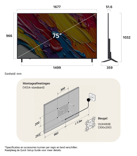 Afmetingsweergave van LG QNED MiniLED AI QNED82 4K 75-inch, 1677×1032×359 mm, panel 51.6 mm, VESA 300x200.