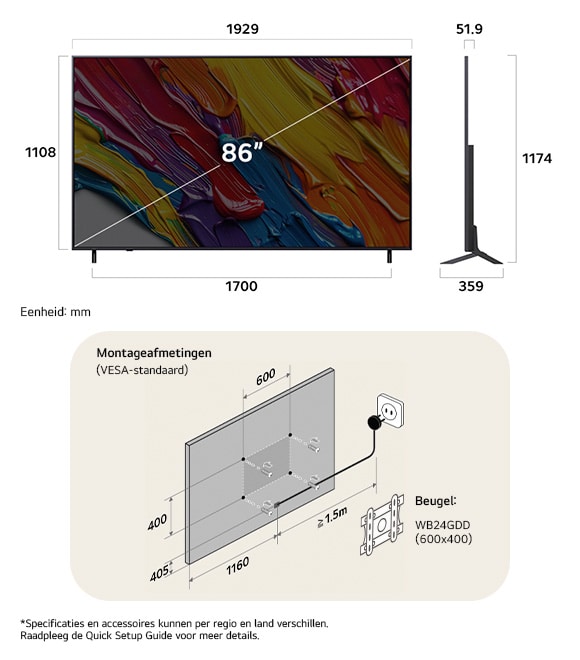 Afmetingsweergave van LG QNED MiniLED AI QNED82 4K 86-inch, 1929×1174×359 mm, panel 51.9 mm, VESA 600x400.