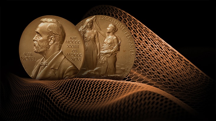 De afbeelding toon de voor- en achterkant van de medaille van de Nobelprijs. Achter de medaille wordt het omringd door een zeshoekig visnetpatroon om te illustreren dat grafeenmateriaal de Nobelprijs in de Natuurkunde heeft gewonnen.