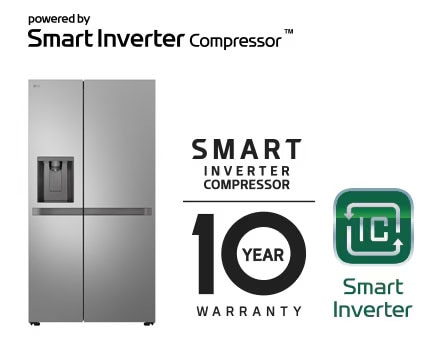 Afbeelding van product met de logo’s Smart Inverter Compressor™ en 10 jaar garantie.