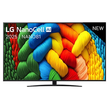 Vooraanzicht van NanoCell TV, LG NanoCell Al Logo in de bovenhoek. LG NanoCell NANO80 TV brengt kleurrijke, schilderachtige texturen bij elkaar.