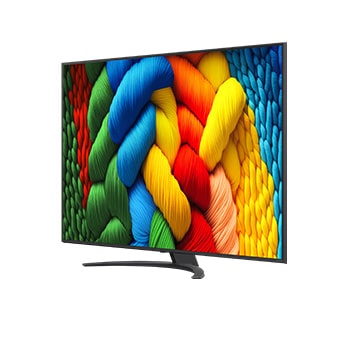 Vooraanzicht en zijaanzicht van LG NanoCell NANO80 AI 4K Smart TV die de lengte-, breedte-, hoogte- en diepteafmetingen weergeven.