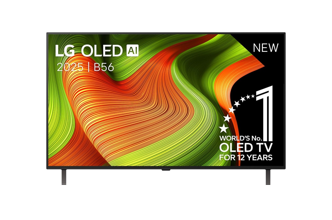 Vooraanzicht van LG OLED AI C5 4K Smart TV. 12 jaar nummer 1 OLED-embleem ter wereld en het LG OLED AI 2025-logo staan op het scherm.