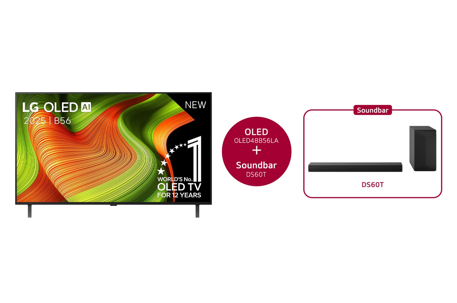 Vooraanzicht van 48 inch LG OLED AI B5 4K Smart TV & DS60T 3.1-kanaal OLED48B56LA.DS60T