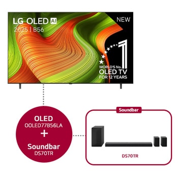 Vooraanzicht van LG OLED AI C5 4K Smart TV. 12 jaar nummer 1 OLED-embleem ter wereld en het LG OLED AI 2025-logo staan op het scherm.