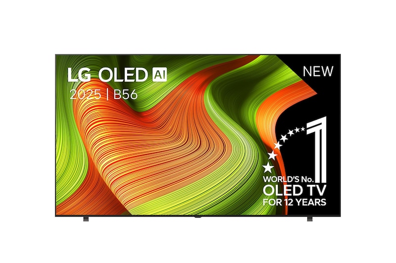 Vooraanzicht van LG OLED AI C5 4K Smart TV. 12 jaar nummer 1 OLED-embleem ter wereld en het LG OLED AI 2025-logo staan op het scherm.