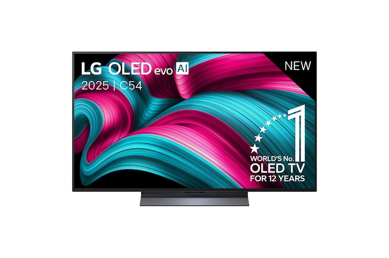 Vooraanzicht van LG OLED evo AI C5 4K Smart TV. 12 jaar nummer 1 OLED-embleem ter wereld en het LG OLED evo AI 2025-logo staan op het scherm.