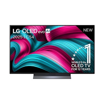 Vooraanzicht van LG OLED evo AI C5 4K Smart TV. 12 jaar nummer 1 OLED-embleem ter wereld en het LG OLED evo AI 2025-logo staan op het scherm.