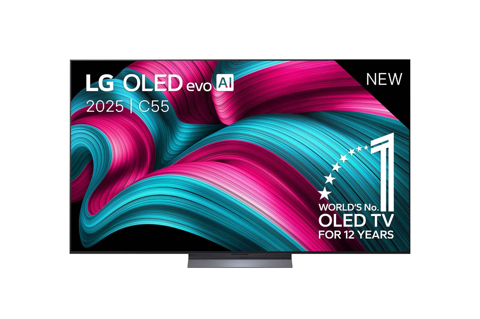 Vooraanzicht van de LG OLED evo AI C5 4K Smart TV. Embleem met ‘12 jaar werelds nummer 1 OLED’ en ‘LG OLED evo AI 2025’-logo staan op het scherm.
