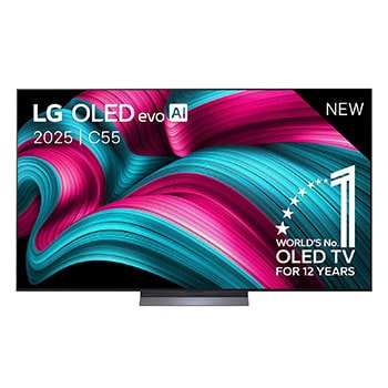 Vooraanzicht van de LG OLED evo AI C5 4K Smart TV. Embleem met ‘12 jaar werelds nummer 1 OLED’ en ‘LG OLED evo AI 2025’-logo staan op het scherm.