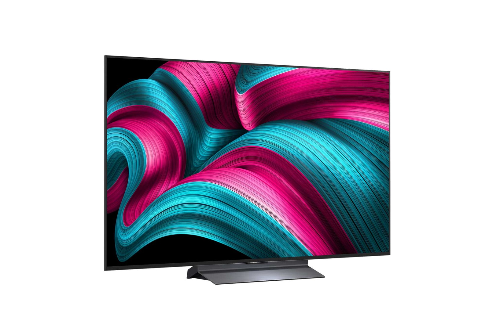 Een schuin aanzicht van een LG OLED evo AI C5 4K Smart TV.