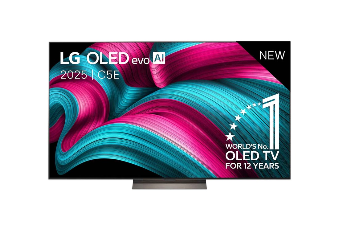 Vooraanzicht van LG OLED evo AI C5 4K Smart TV. 12 jaar nummer 1 OLED-embleem ter wereld en het LG OLED evo AI 2025-logo staan op het scherm.