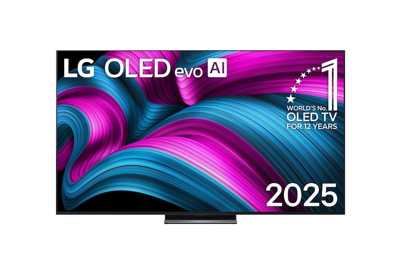 Vooraanzicht van LG OLED evo AI C5 4K Smart TV. 12 jaar nummer 1 OLED-embleem ter wereld en het LG OLED evo AI 2025-logo staan op het scherm.