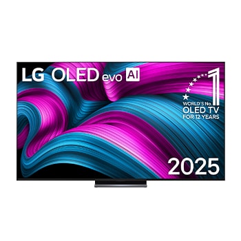 Vooraanzicht van LG OLED evo AI C5 4K Smart TV. 12 jaar nummer 1 OLED-embleem ter wereld en het LG OLED evo AI 2025-logo staan op het scherm.