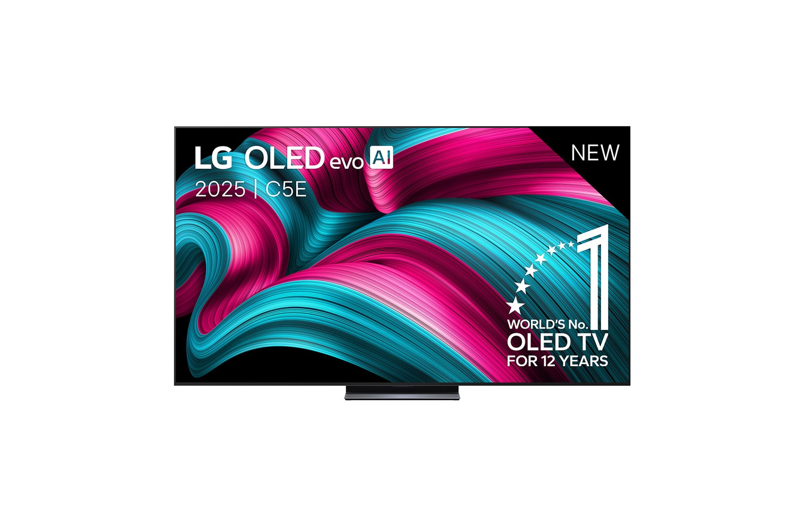 Vooraanzicht van LG OLED evo AI C5 4K Smart TV. 12 jaar nummer 1 OLED-embleem ter wereld en het LG OLED evo AI 2025-logo staan op het scherm.