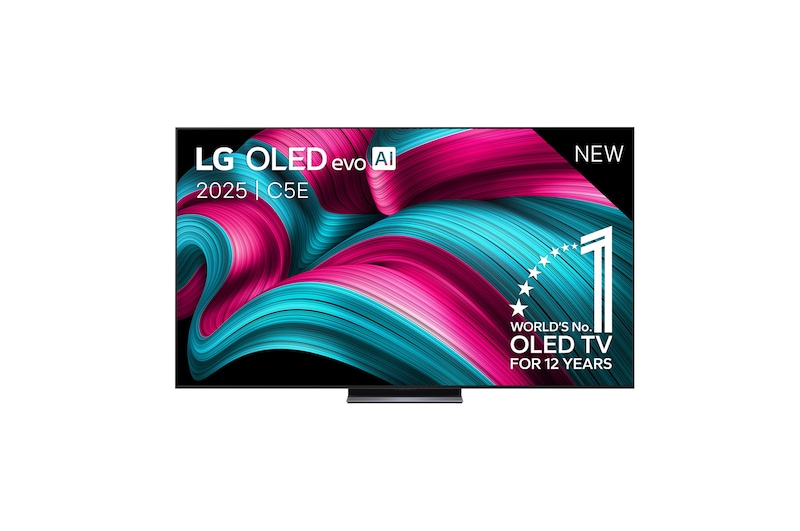 Vooraanzicht van LG OLED evo AI C5 4K Smart TV. 12 jaar nummer 1 OLED-embleem ter wereld en het LG OLED evo AI 2025-logo staan op het scherm.