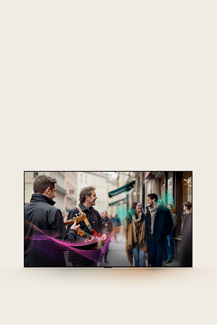 Een drukke straat vol mensen. Een stel is aan het wandelen en voert een gesprek. Een paar straatartiesten spelen gitaar. Abstracte geluidsgolven komen van de gitaristen en het paar die laten zien hoe elk geluidselement duidelijk te horen is met AI Object Remastering.