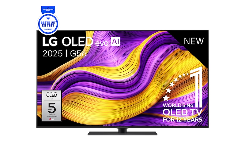 Vooraanzicht van 55 inch LG OLED evo AI G5 4K Smart TV 2025 OLED55G56LS