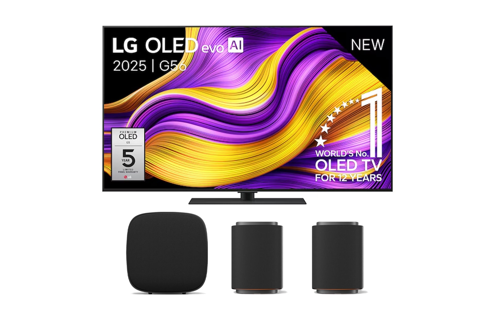 Vooraanzicht van 55 inch LG OLED evo AI G5 4K Smart TV 2025 & LG Sound Suite M7 & LG Sound Suite W7 OLED55G56LS.M7M7W7001