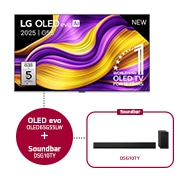 Vooraanzicht van 65 inch LG OLED evo AI G5 4K Smart TV & DSG10TY 3.1 kanaal OLED65G56LS.DSG10TY