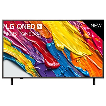 Vooraanzicht van LG QNED84 TV, LG QNED AI-logo in de bovenhoek. LG QNED TV brengt kleurrijke, schilderachtige texturen bij elkaar.