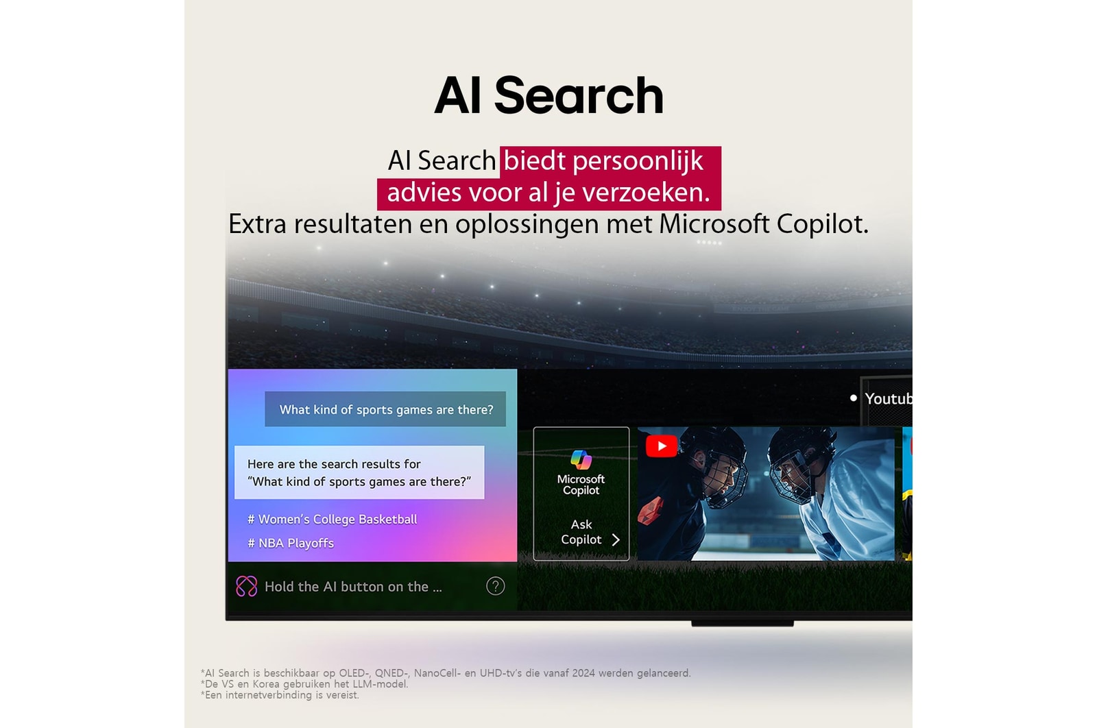 Close-up van een LG TV-scherm waarop te zien is hoe AI Search werkt. Er wordt een klein chatscherm geopend dat weergeeft hoe de gebruiker heeft gevraagd voor de beschikbare sportwedstrijden. AI Search reageert via chat en via miniatuurafbeeldingen van verschillende beschikbare inhoud weer te geven. Er wordt ook gevraagd om het aan Microsoft Copilot te vragen.