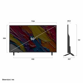 Vooraanzicht en zijaanzicht van de LG QNED84 AI 4K Smart TV die de lengte-, breedte-, hoogte- en diepteafmetingen weergeven.
