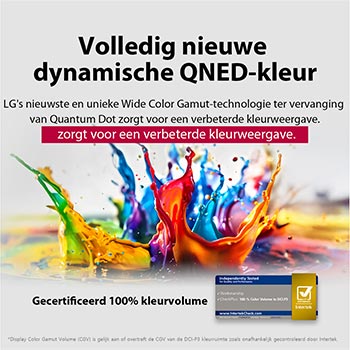Verf spat in verschillende kleuren op van de vloer. Intertrek-certificering voor 100% kleurvolume volgens DCI-P3. De titel bespreekt de nieuwe en unieke brede kleurengammatechnologie die je levendige kleuren op je scherm laat zien.