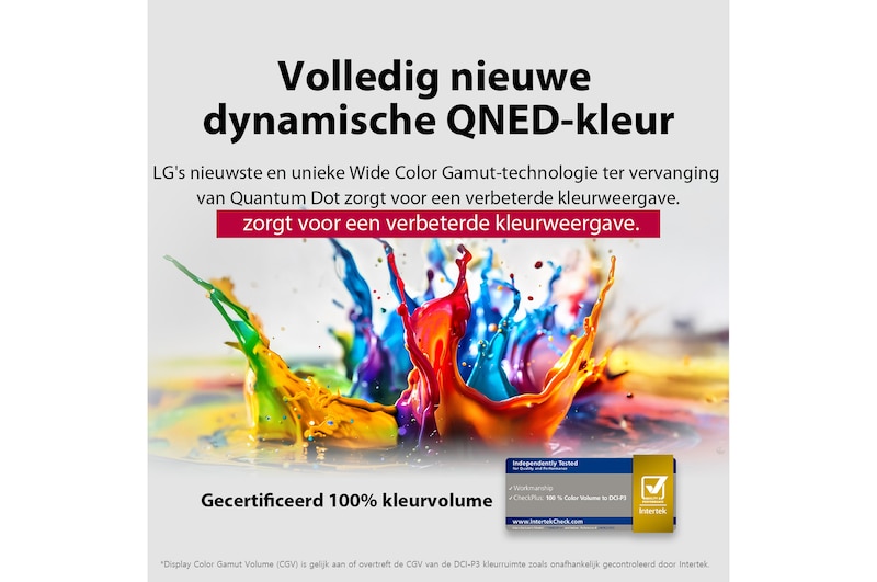 Verf spat in verschillende kleuren op van de vloer. Intertrek-certificering voor 100% kleurvolume volgens DCI-P3. De titel bespreekt de nieuwe en unieke brede kleurengammatechnologie die je levendige kleuren op je scherm laat zien.
