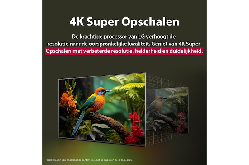 Vóór en na vergelijking van hoe LG 4K Super Opschalen de beeldkwaliteit verbetert. Twee panelen met dezelfde afbeelding van een kleurrijke vogel die op een tak in een bos zit; het rechter paneel is vervaagd. De titel beschrijft hoe 4K Super Opschalen de resolutie, helderheid en duidelijkheid verbetert.