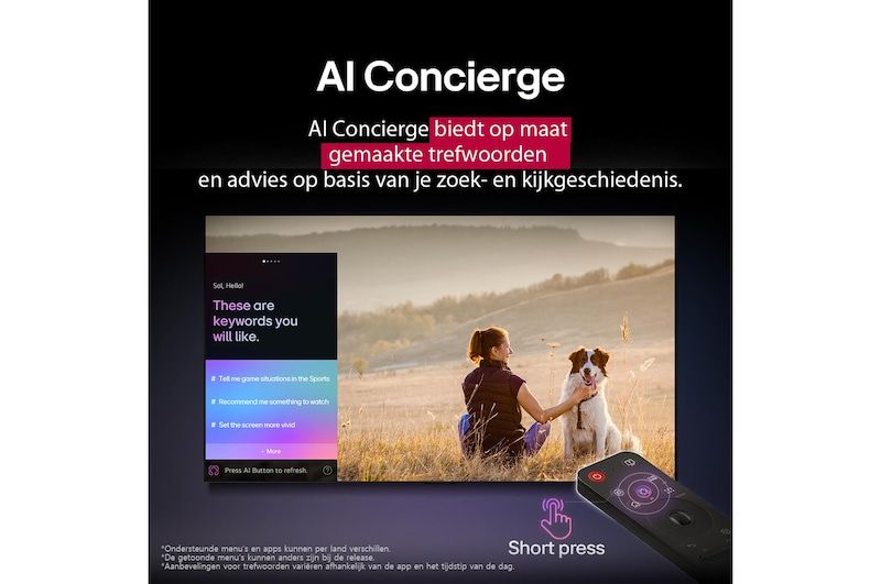 LG AI Magic Remote voor een LG TV-scherm. Op het scherm staat een persoonlijke begroeting van de LG AI met aangepaste trefwoorden op basis van de zoek- en kijkgeschiedenis van de gebruiker. Bij de afstandsbediening staat een pictogram en een label die aangeven dat de AI Concierge-functie eenvoudig toegankelijk is door kort op de AI-knop te drukken.