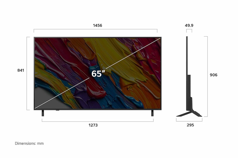 Vooraanzicht en zijaanzicht van de LG QNED84 AI 4K Smart TV die de lengte-, breedte-, hoogte- en diepteafmetingen weergeven.