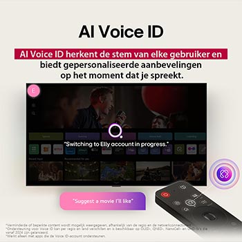 LG TV-scherm met een AI Magic Remote op de voorgrond. De AI-knop is gemarkeerd en een tekstballon toont tekst, stel een film voor die ik leuk vind. Op het scherm zien we het gebruikerspictogram E, dat aangeeft hoe AI Voice ID in staat was om te identificeren welke gebruiker het was en gepersonaliseerde aanbevelingen te geven op basis van alleen hun stem.