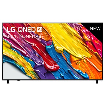 Vooraanzicht van LG QNED84 TV, LG QNED AI-logo in de bovenhoek. LG QNED TV brengt kleurrijke, schilderachtige texturen bij elkaar.