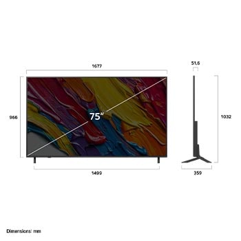 Vooraanzicht en zijaanzicht van de LG QNED84 AI 4K Smart TV die de lengte-, breedte-, hoogte- en diepteafmetingen weergeven.