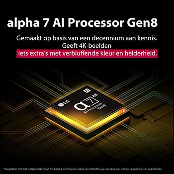De alpha 7 AI Processor Gen8 licht geel op en er schieten kleurrijke lichtstralen uit. De titel vertelt hoe de processor 4K-kwaliteit, verbluffende kleuren en helderheid levert.