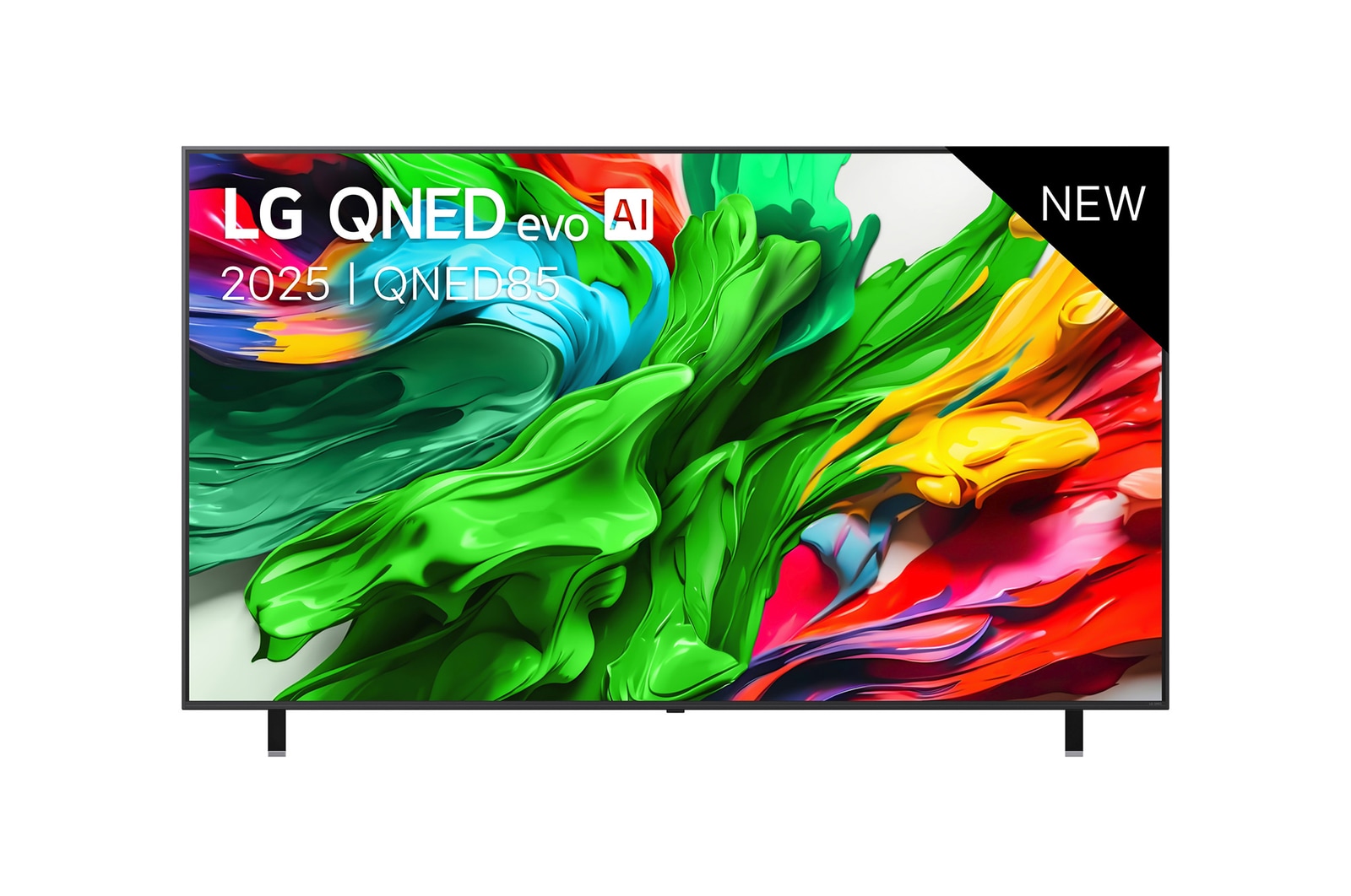 Vooraanzicht van LG QNED evo QNED85 TV, LG QNED evo Al Logo in de bovenhoek. De LG QNED evo QNED85 TV brengt kleurrijke schilderachtige texturen samen.