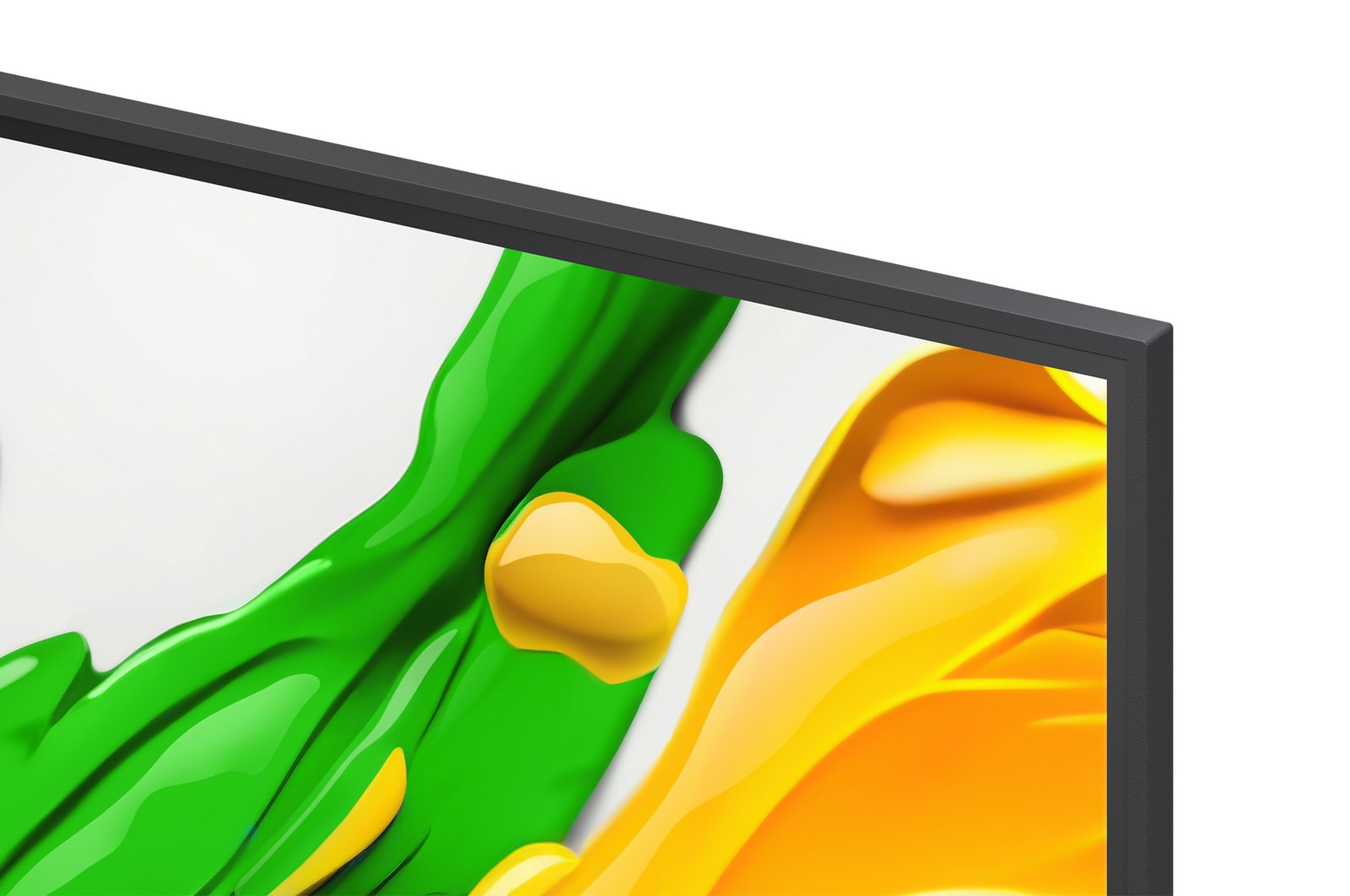 Verf spat in verschillende kleuren op van de vloer. Intertrek-certificering voor 100% kleurvolume volgens DCI-P3. De titel bespreekt de nieuwe en unieke brede kleurengammatechnologie die je levendige kleuren op je scherm laat zien.