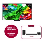Vooraanzicht van 75 inch LG QNED evo AI QNED86 MiniLED 4K Smart TV 75QNED86A6A & DS70TR 5.1.1-kanaals soundbars 75QNED86A6A.DS70TR