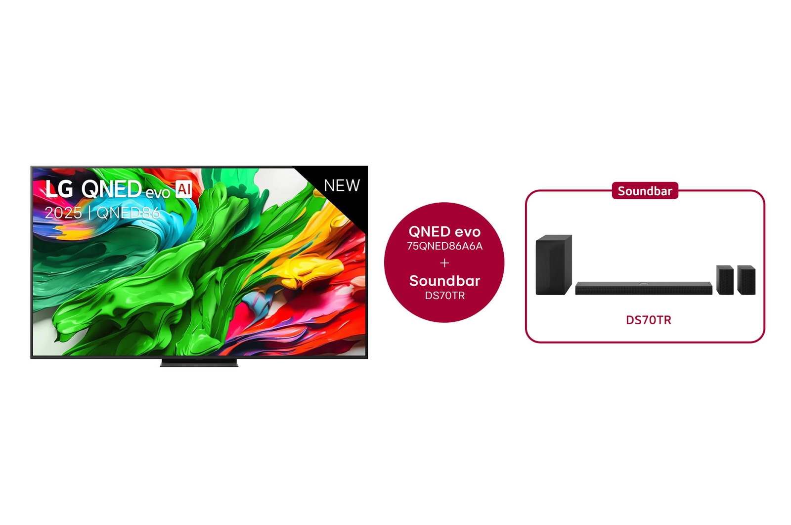 Vooraanzicht van 75 inch LG QNED evo AI QNED86 MiniLED 4K Smart TV 75QNED86A6A & DS70TR 5.1.1-kanaals soundbars 75QNED86A6A.DS70TR