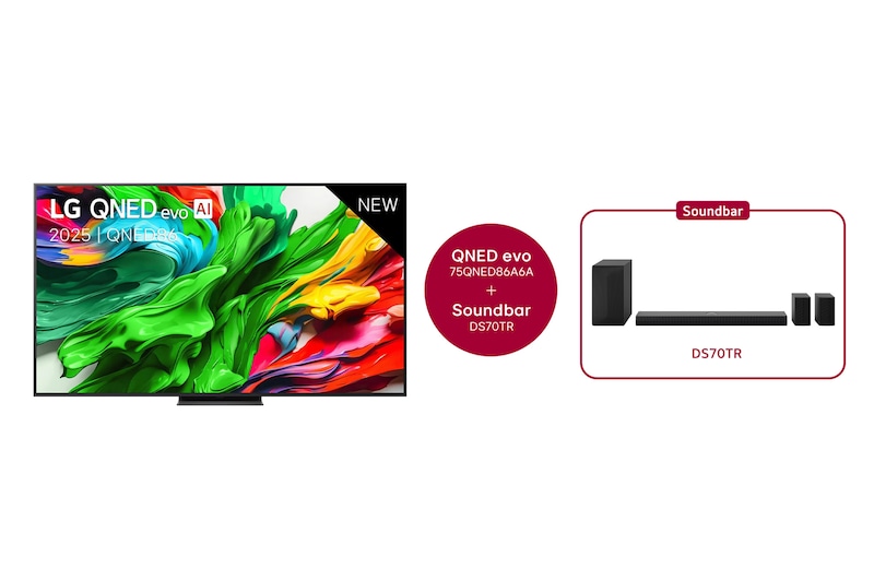 Vooraanzicht van 75 inch LG QNED evo AI QNED86 MiniLED 4K Smart TV 75QNED86A6A & DS70TR 5.1.1-kanaals soundbars 75QNED86A6A.DS70TR