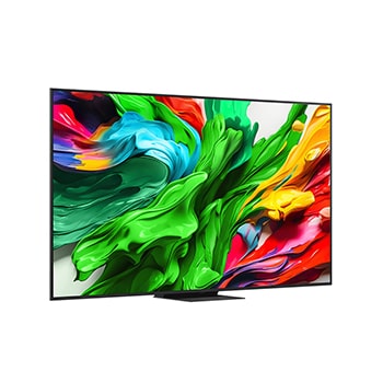 Naar rechts gericht zijaanzicht in een lichte hoek van de LG QNED evo TV